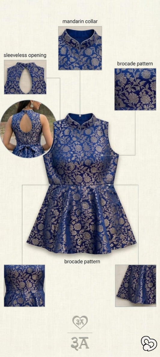 Blue Brocade Mandarin Collar Top